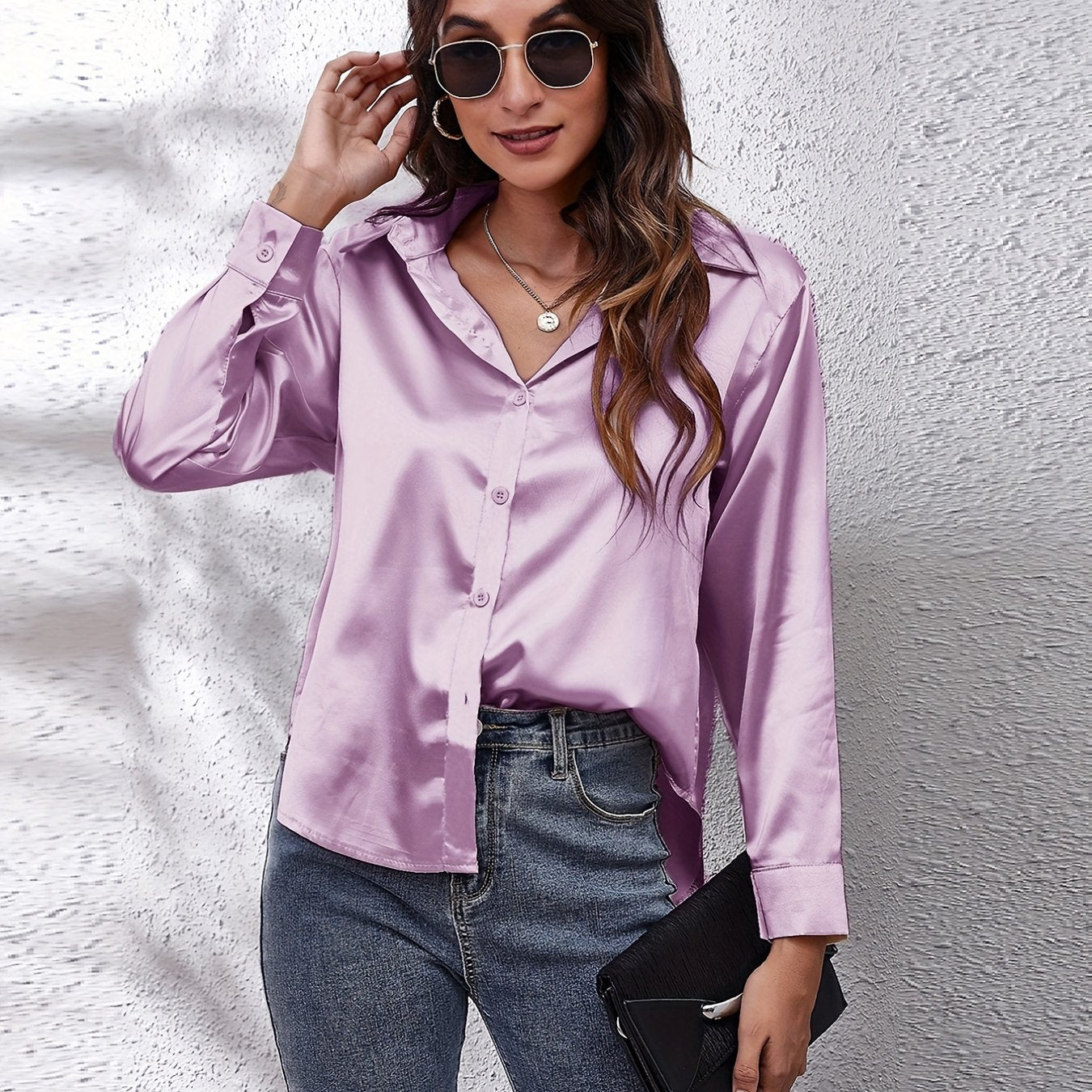 Solid Color Long Sleeve Button Down Tops, Business Casual Blouses For All Seasons, Women's Clothing