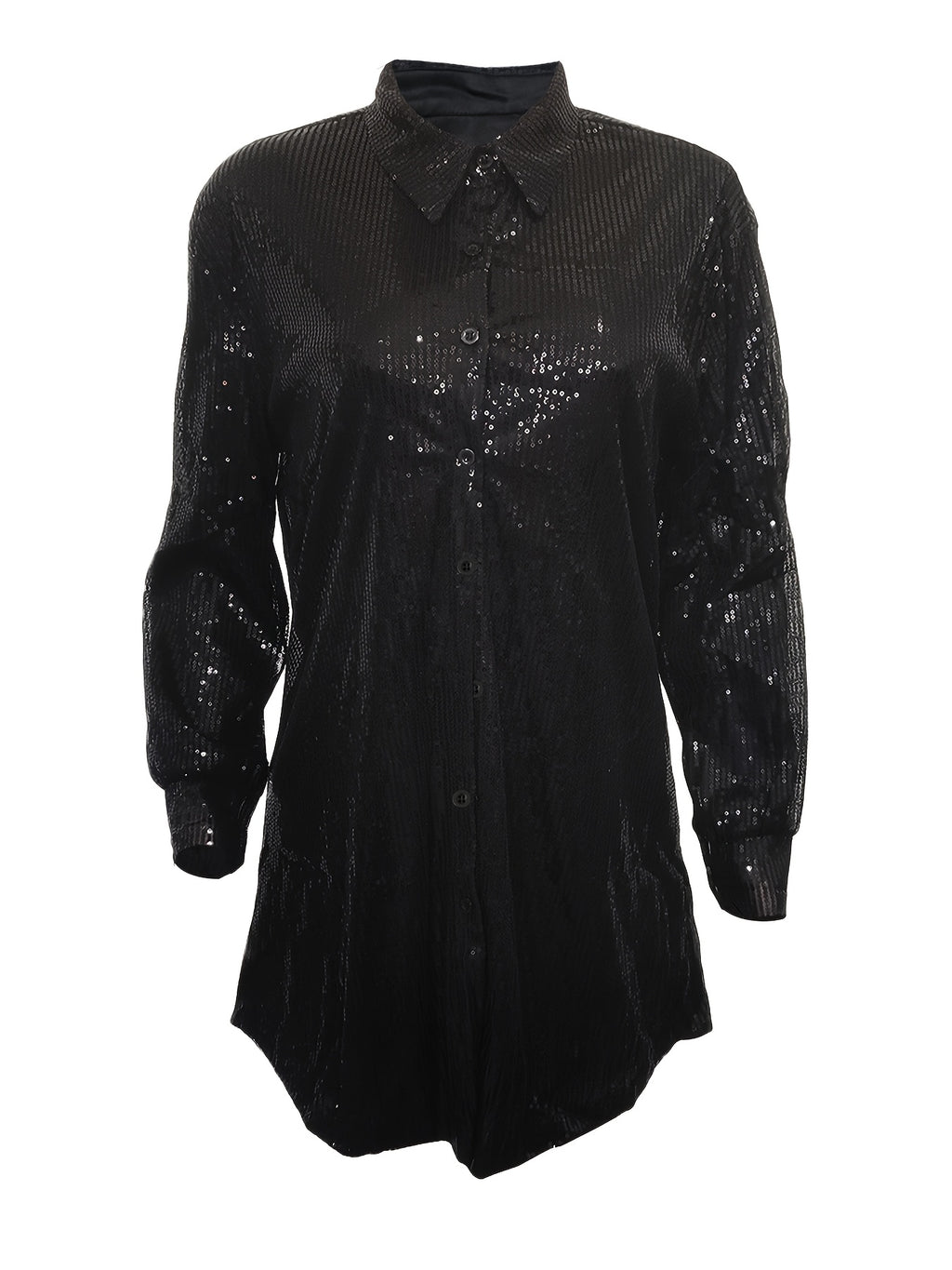 Women's Elegant Sequined Long Sleeve V-Neck Shirt Dress - Black Loose Fit Party & Casual Wear, Perfect for Birthdays and Special Occasions, Birthday Dress