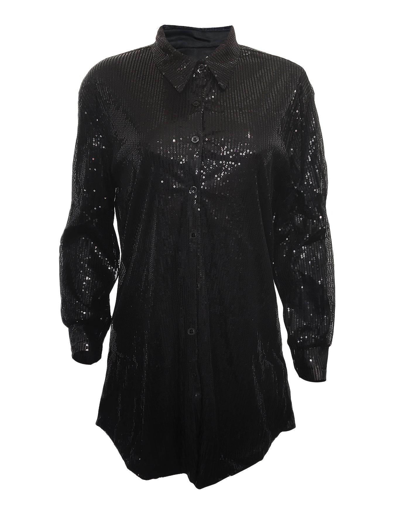Women's Elegant Sequined Long Sleeve V-Neck Shirt Dress - Black Loose Fit Party & Casual Wear, Perfect for Birthdays and Special Occasions, Birthday Dress