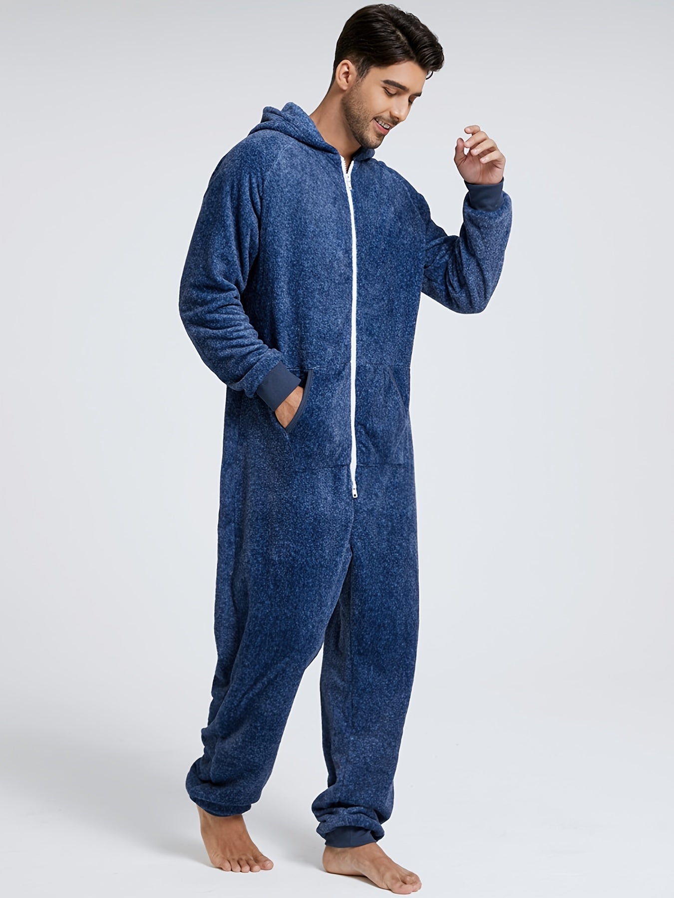 Men'S Heavy-Duty Full-Zip Hooded Onesie - Long Sleeve Winter Sleepwear, Thermal Insulated Lounge suit with Drawstring Hood, Loose Fit Onesie for Cold Weather, Christmas Costume & Everyday Indoor/Outdoor Use - Easy Zipper Clos
