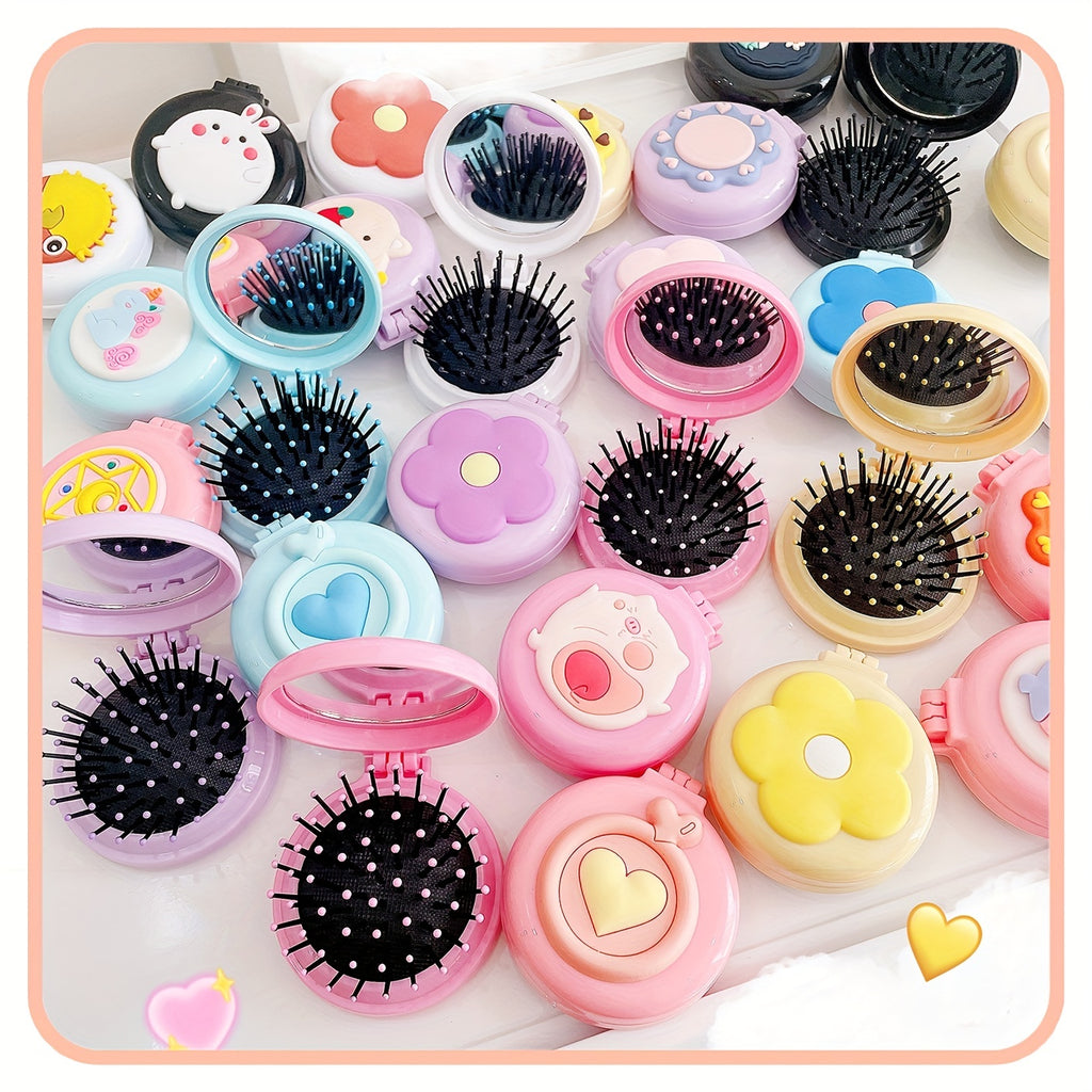1pc Portable Folding Comb with Makeup Mirror - Air Cushion Massage Hair Brush for Normal Hair - Travel Pocket Mini Hair Brush Essentials for Women
