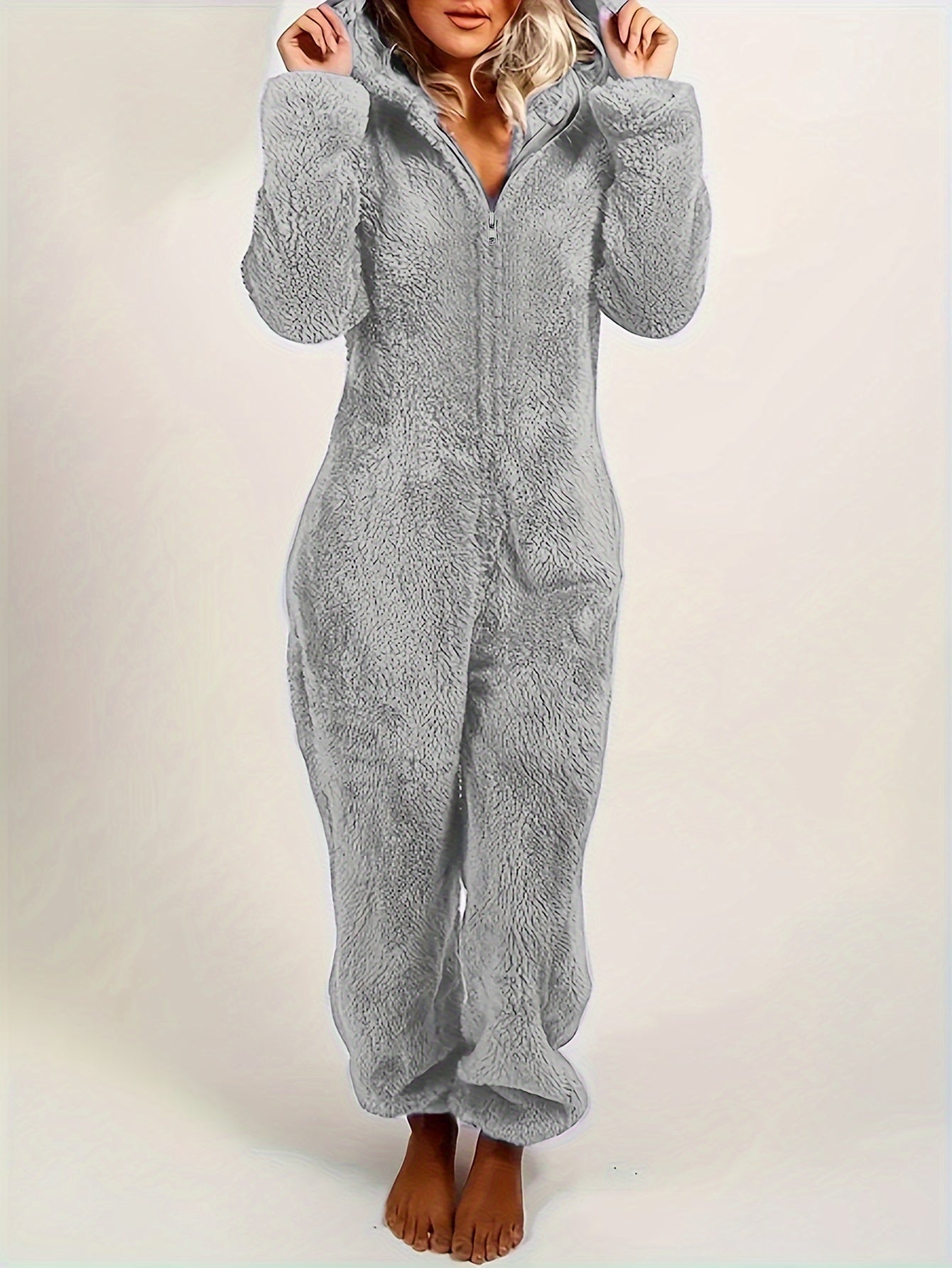 Fuzzy Hooded Pajama Jumpsuit For Music Festival, Comfy & Cute Long Sleeve Zipper Pajamas, Women's Lingerie & Sleepwear