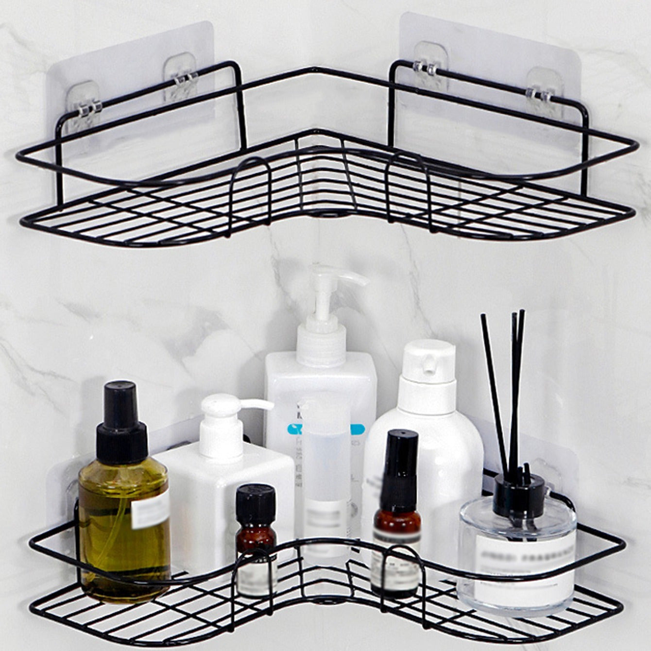 1pc Cast Iron Corner Shower Shelf - No-Drill Wall Mounted Bathroom Storage Rack, Black Wire Mesh Design for Easy Access & Organization, Perfect for Shampoo, Conditioner, and Soap, Bathroom Storage Solution | Modern Bathroom D