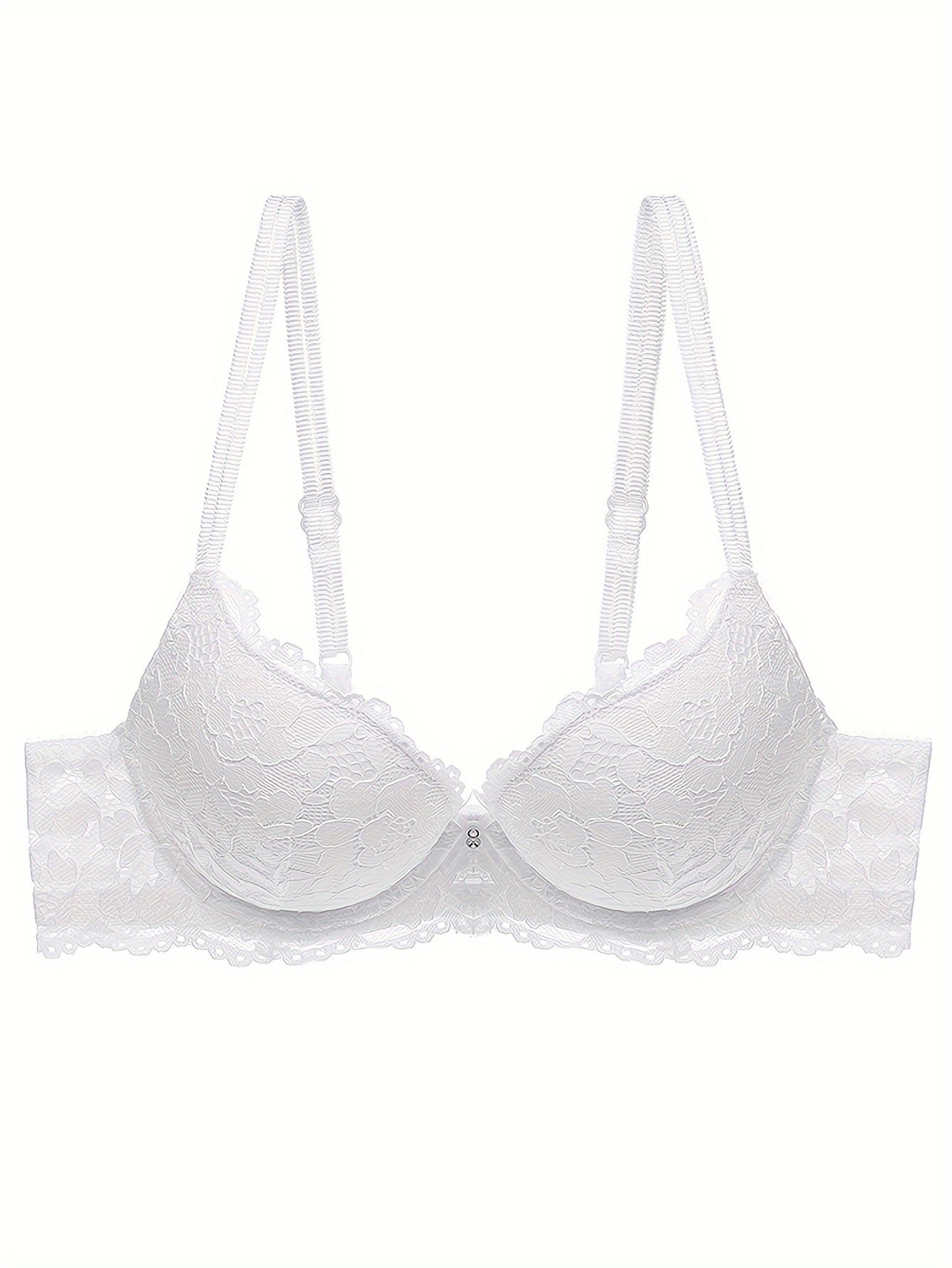 Lace Mesh Hollow Everyday Bra, Comfort & Mature Double Strap Thick Cup Push Up Intimates Bra, Women's Lingerie & Underwear