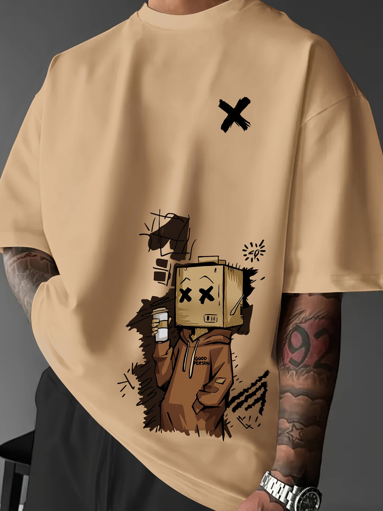 Men'S Summer Casual T-Shirt with Playful Robot & Cupcake Graphic - Red, Short Sleeve, Round Neck, Loose Fit, Geometric Pattern, Perfect for Streetwear or Casual Attire, Casual Summer Wear | Playful Graphic Tee | Comfortable F