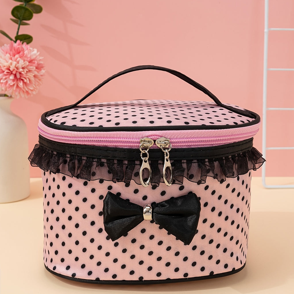 Stylish And Spacious Cosmetic Bag With Zipper And Dot Print - Perfect For Travel And Makeup Organization