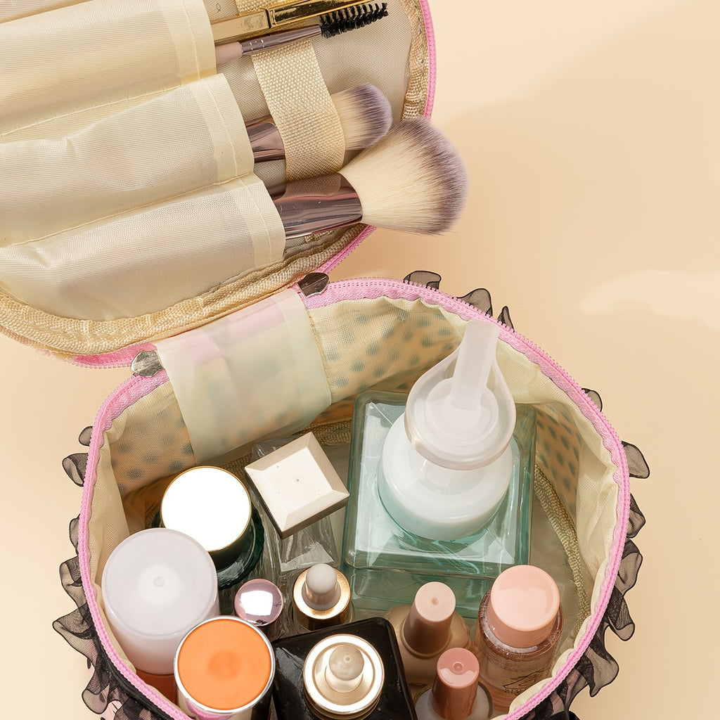 Stylish And Spacious Cosmetic Bag With Zipper And Dot Print - Perfect For Travel And Makeup Organization