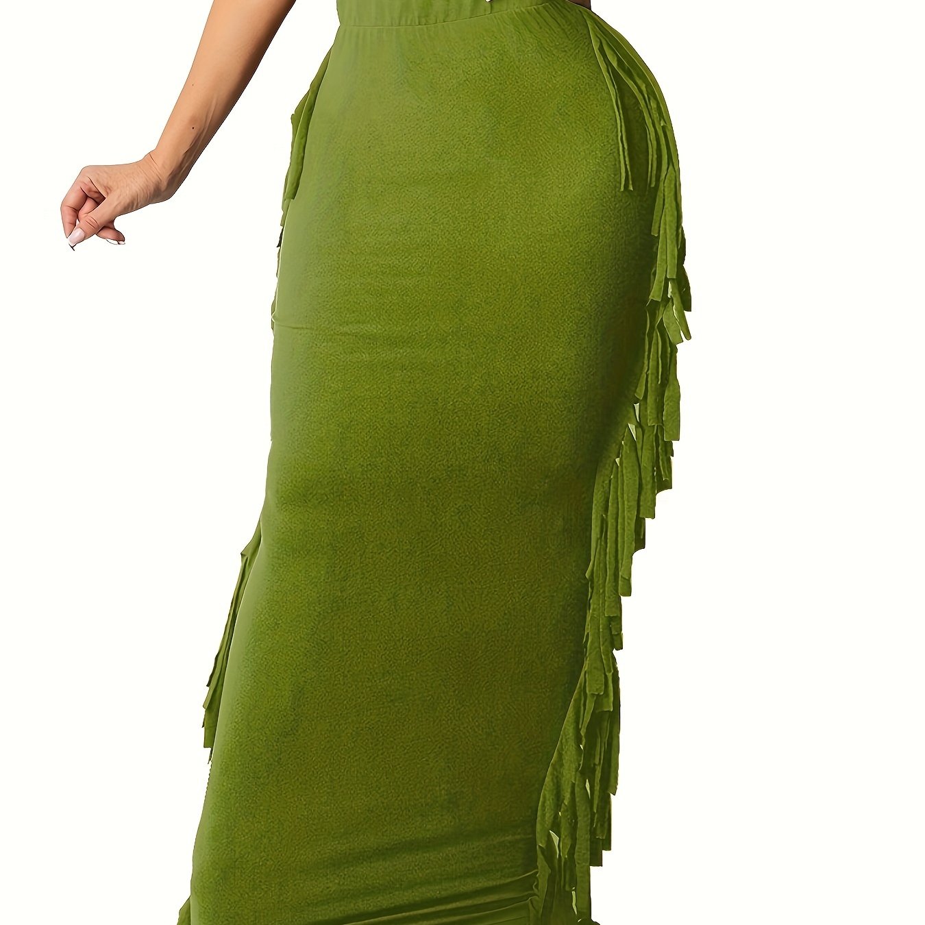 Black Elastic Waist Sides Tassel Maxi Skirt