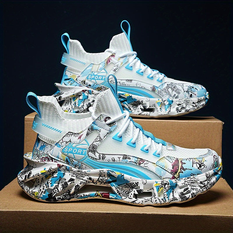 Shock-absorbing Breathable Graffiti Blade Type Men's Lace-up Sneakers - Running Shoes