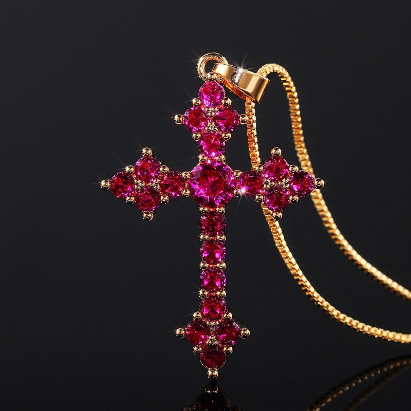 Dainty Cross Shape Pendant Necklace Inlaid Round Cut Shiny Zirconia Good Lucky Adjustable Clavicle Chain