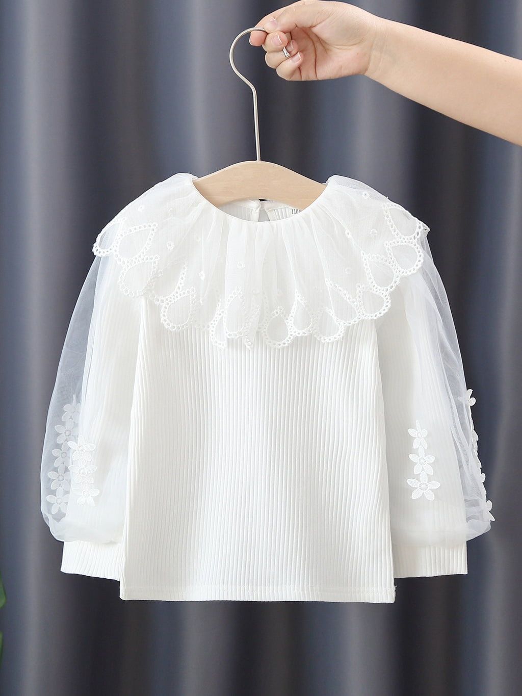 Girls Long Puff Sleeve Flower Lace Splicing Ruffles Round Neck Ribbed T-Shirts Tops Kids Clothes