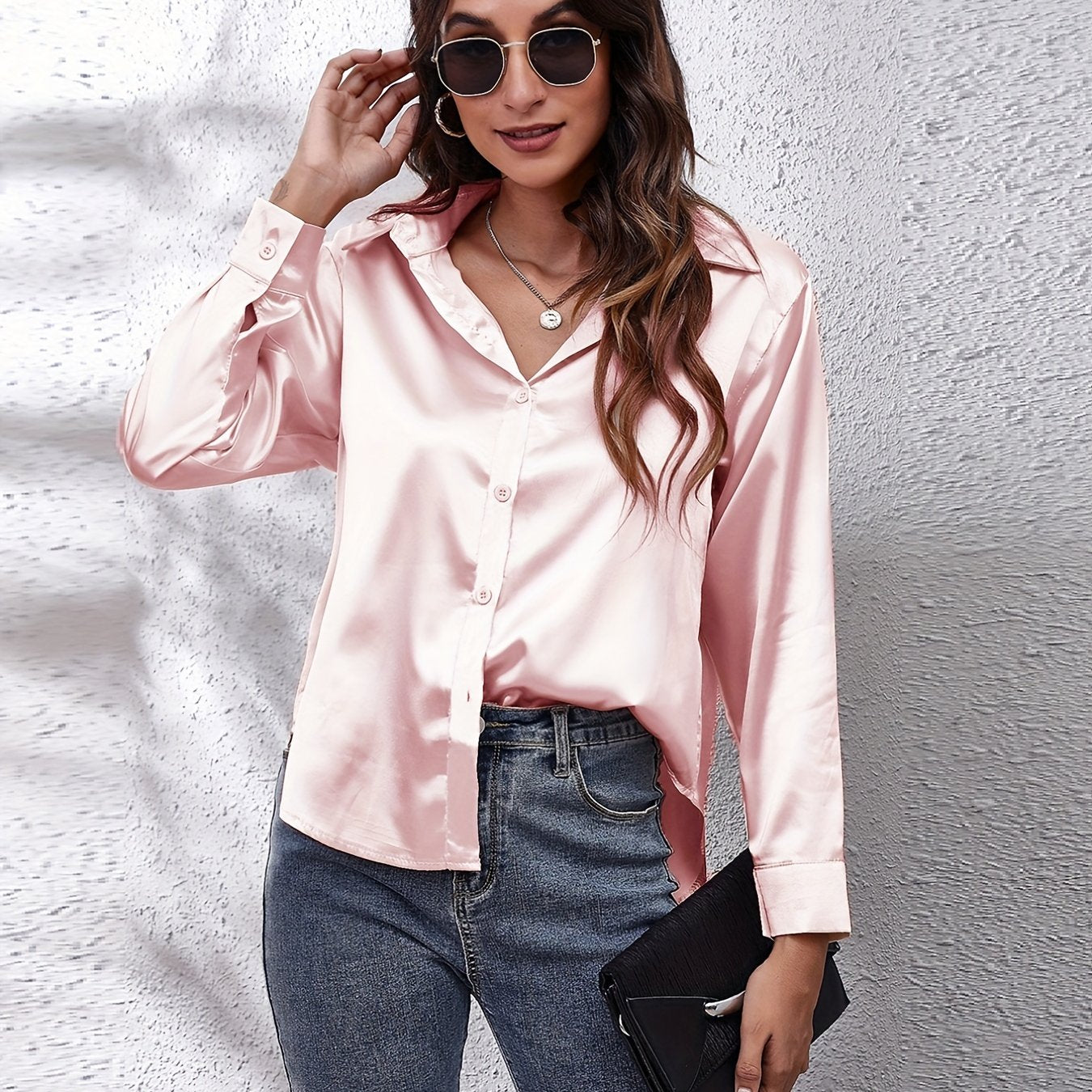 Solid Color Long Sleeve Button Down Tops, Business Casual Blouses For All Seasons, Women's Clothing