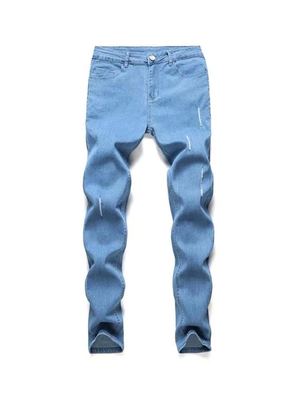 Slim Fit Distressed Cotton Jeans, Men's Casual Street Style Solid Color Washed Mid Stretch Denim Pants For Spring Summer