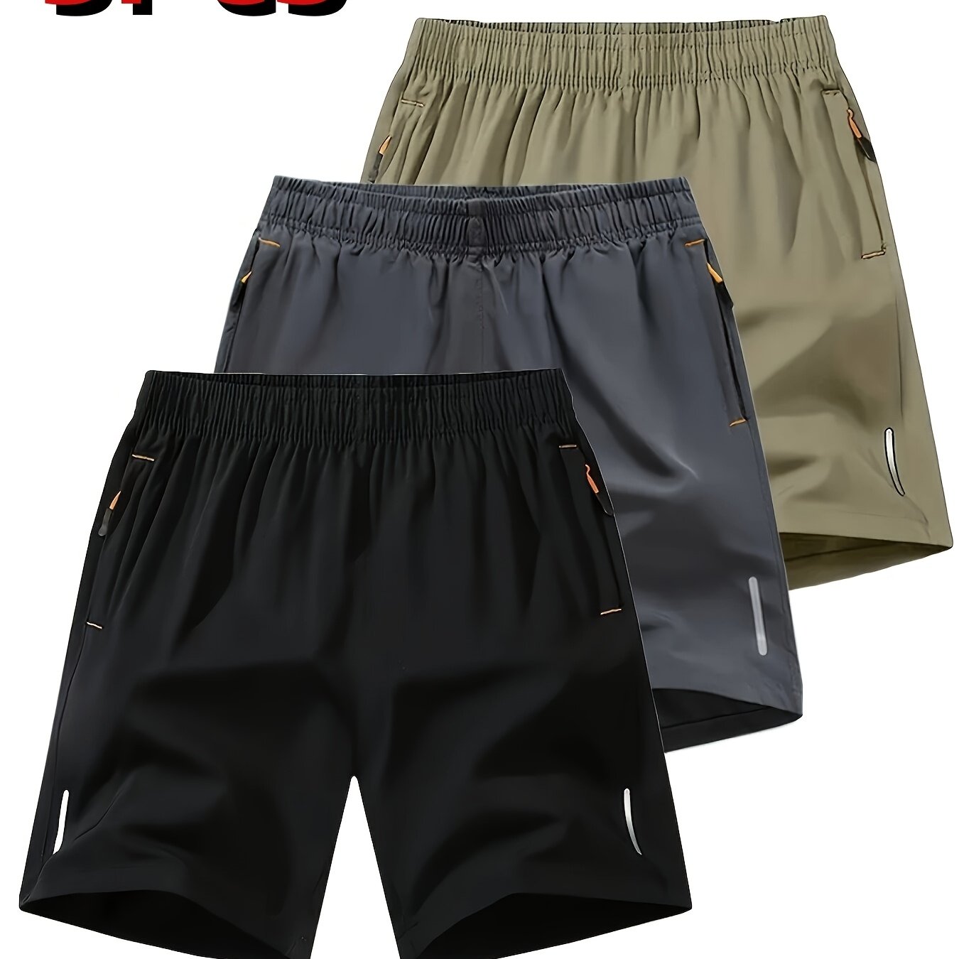 3pcs Reflective Men's Stripe Decor Sports Shorts, Elastic Waist Trendy Fitness for Summer Training