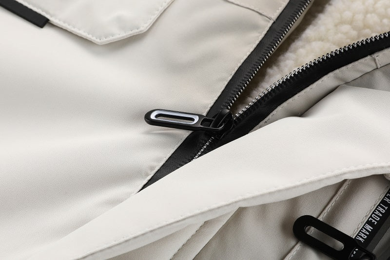 Men'S Winter Windbreaker Jacket with Lamb Fur Collar, Polyester 100% Windproof Zippered Sports Jacket, Alphabet Pattern, Regular Sleeve, Casual Outdoor Wear, H Fit, 150g/m² Fabric Weight