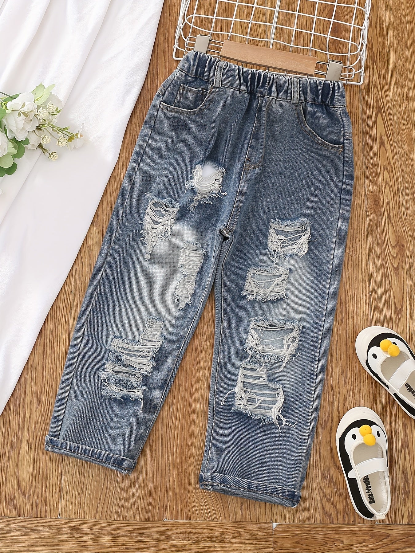 Girls Ripped Tapered Jeans, Cartoon Pattern Elastic Waistband Denim Jeans Kids Clothes