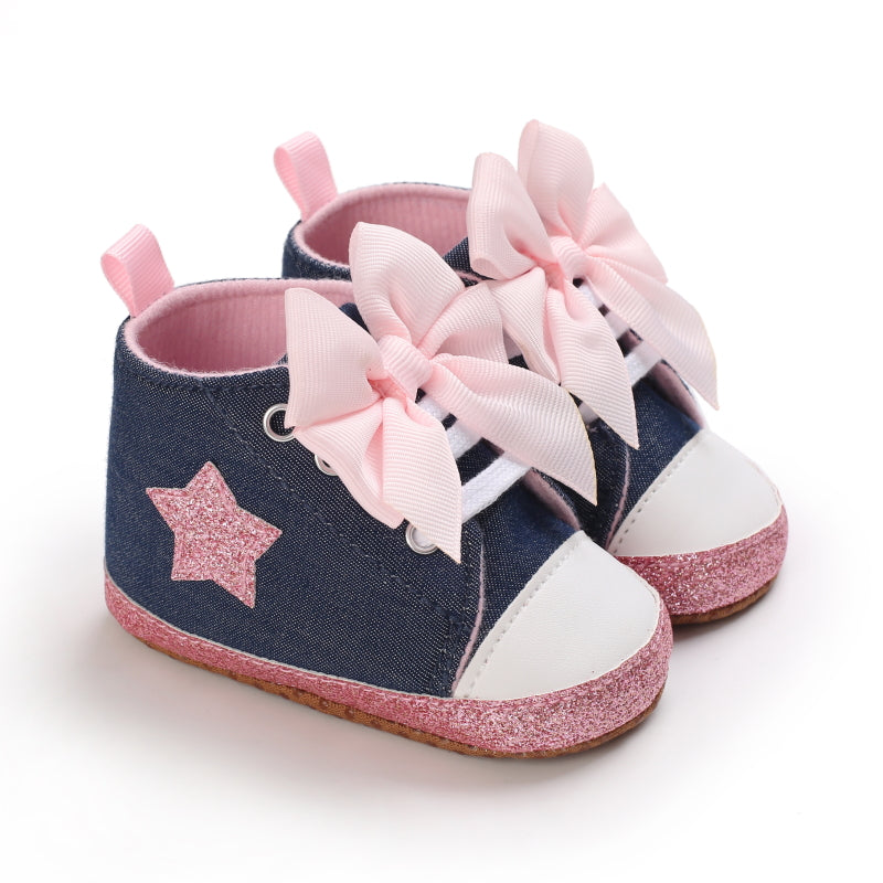 Infant Baby Gils Canvas Shoes, Soft-soled Non-slip High Top First Walker Shoes With Bow Decor