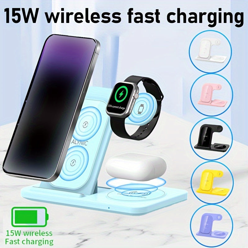 Foldable Fast Wireless Charging Station - Multi-Device Charger Stand For iWatch (Series 9 to 2), For Airpods Pro, and For iPhone (15 to 8)
