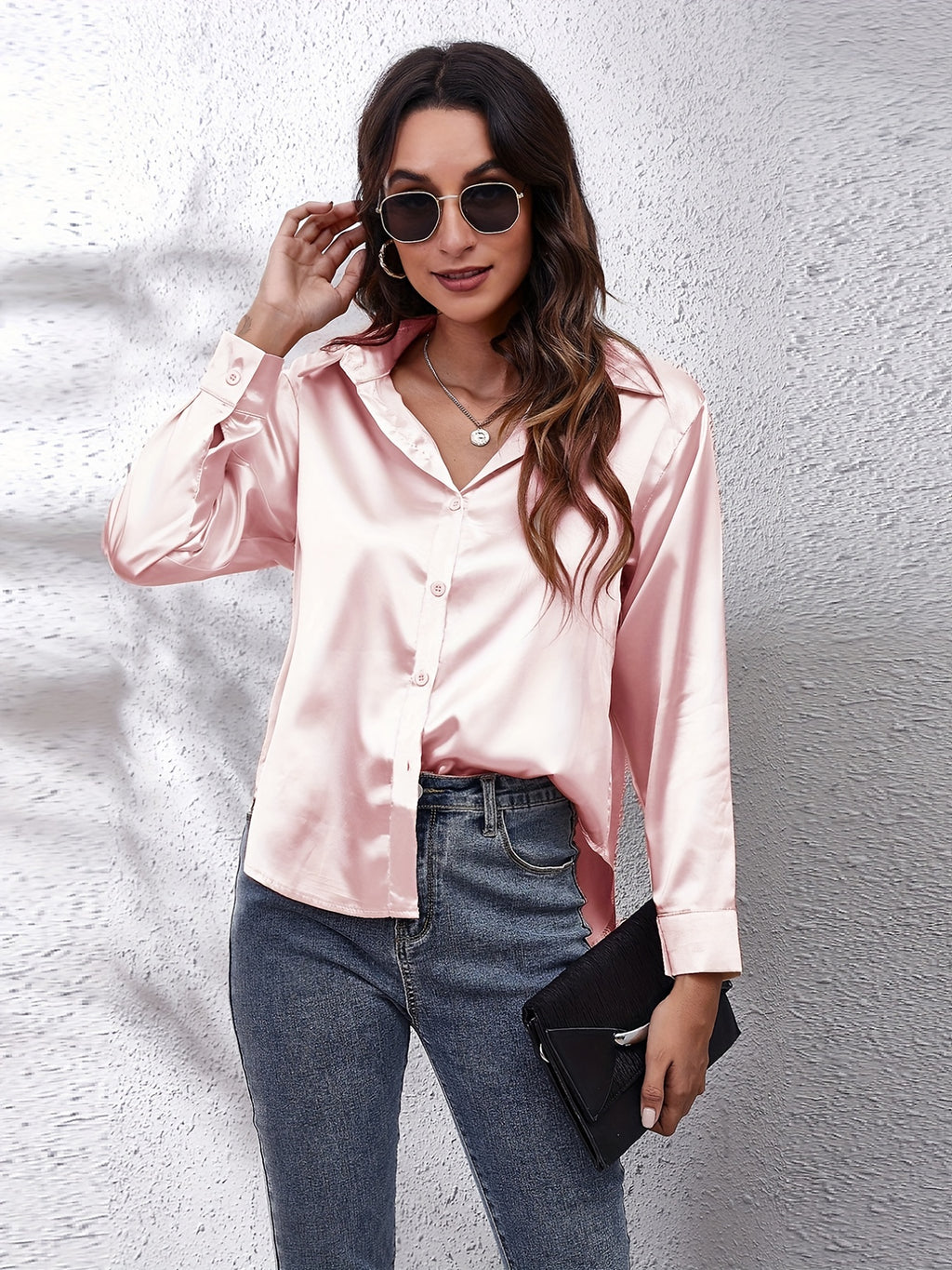 Solid Color Long Sleeve Button Down Tops, Business Casual Blouses For All Seasons, Women's Clothing