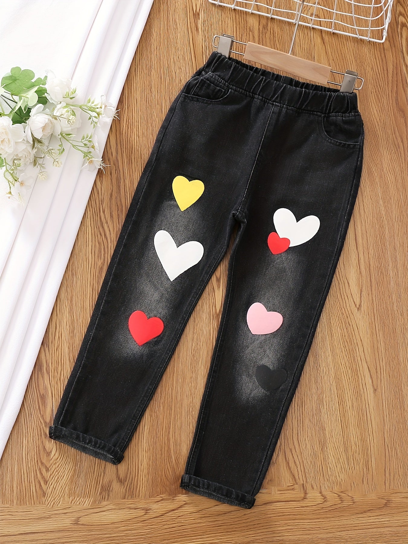 Girls Ripped Tapered Jeans, Cartoon Pattern Elastic Waistband Denim Jeans Kids Clothes