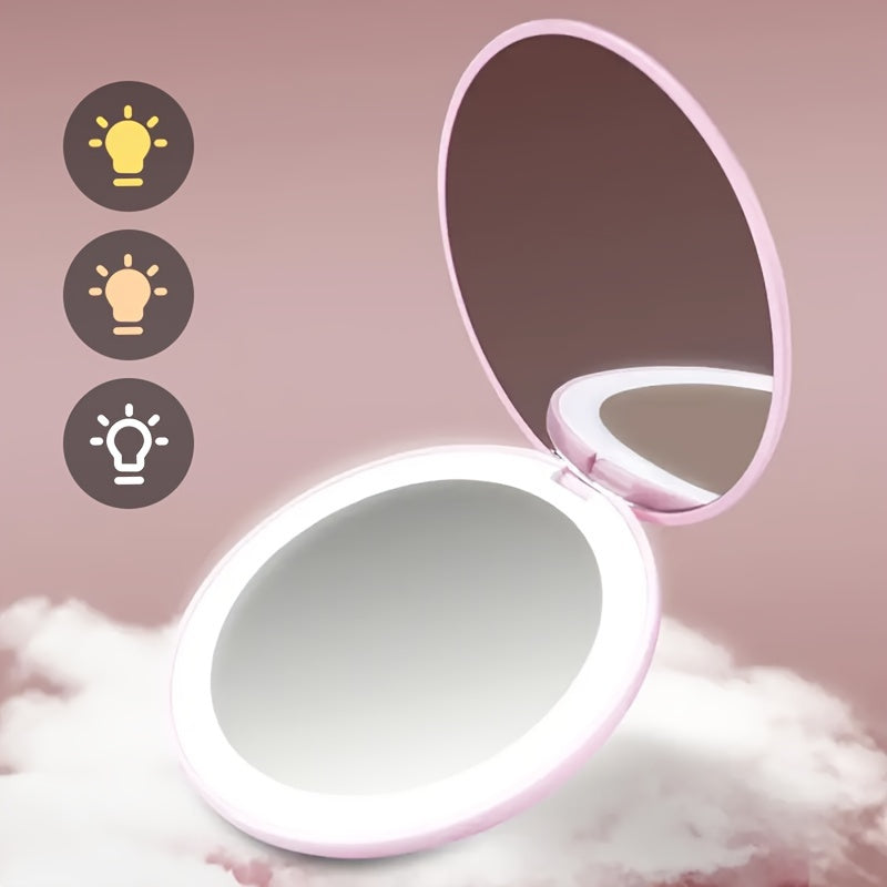 1pc Compact Round Foldable LED Vanity Mirror - Travel Portable Lighted Makeup Mirror for Purse Handbag - 2x Magnification, Double-sided, Handheld, Mini Touch-up Mirror with Light for Travel Essentials