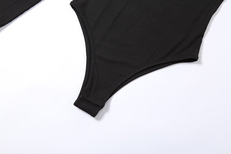Solid Asymmetric One Shoulder Ribbed Knit Long Sleeve Bodysuit, Sexy Fall Winter One Piece Bodysuits, Women's Clothing