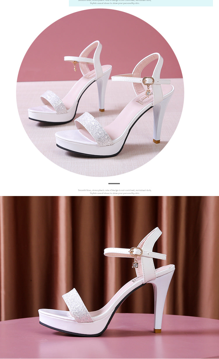Women's Summer Princess Platform Stiletto Heel Sandals - Open Toe Fish Mouth Design with Glitter Accents, Breathable PU Cover & Ankle Strap Closure for Fit, White High Heels for Parties & Formal Events, Party Footwear | Durab