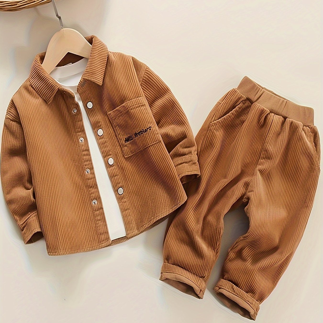Spring And Autumn Boys Simple And Fashionable Solid Color Corduroy Two Piece Set, for Outdoor
