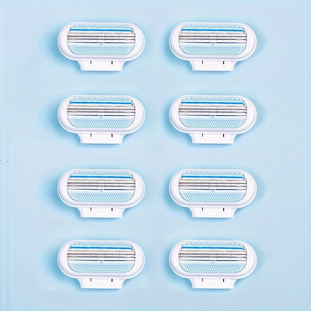 [1 Handle + 8 Blades Razor Kit] [Hypoallergenic Safety] Ladies' Classic Manual Hair Removal Razor Kit - Hypoallergenic, Reusable with 1 Blue Handle + 8 White Blades, 3-Layer Stainless Steel for Smooth, Normal Skin, Hair Remov