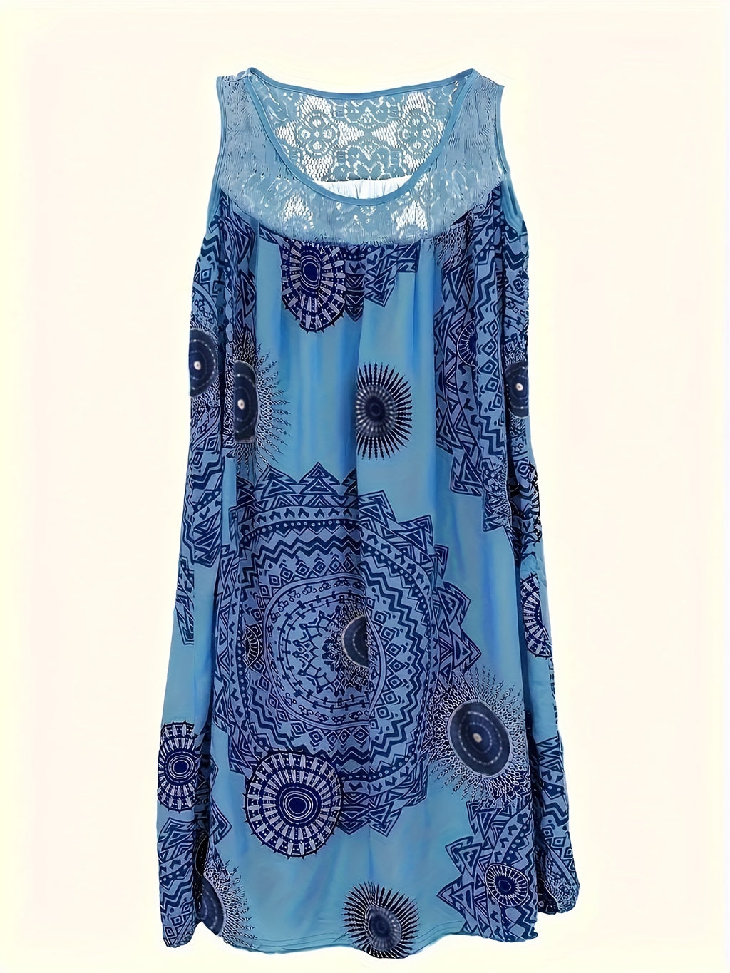 Women's Elegant Sleeveless A-Line Dress with Contrast Lace Hem & Geometric Print - Knee-Length Flared Skirt, Round Neck, Machine Washable, Plus Size Friendly for Casual & Semi-Formal Occasions, Lace Detailing, Comfortable Fit