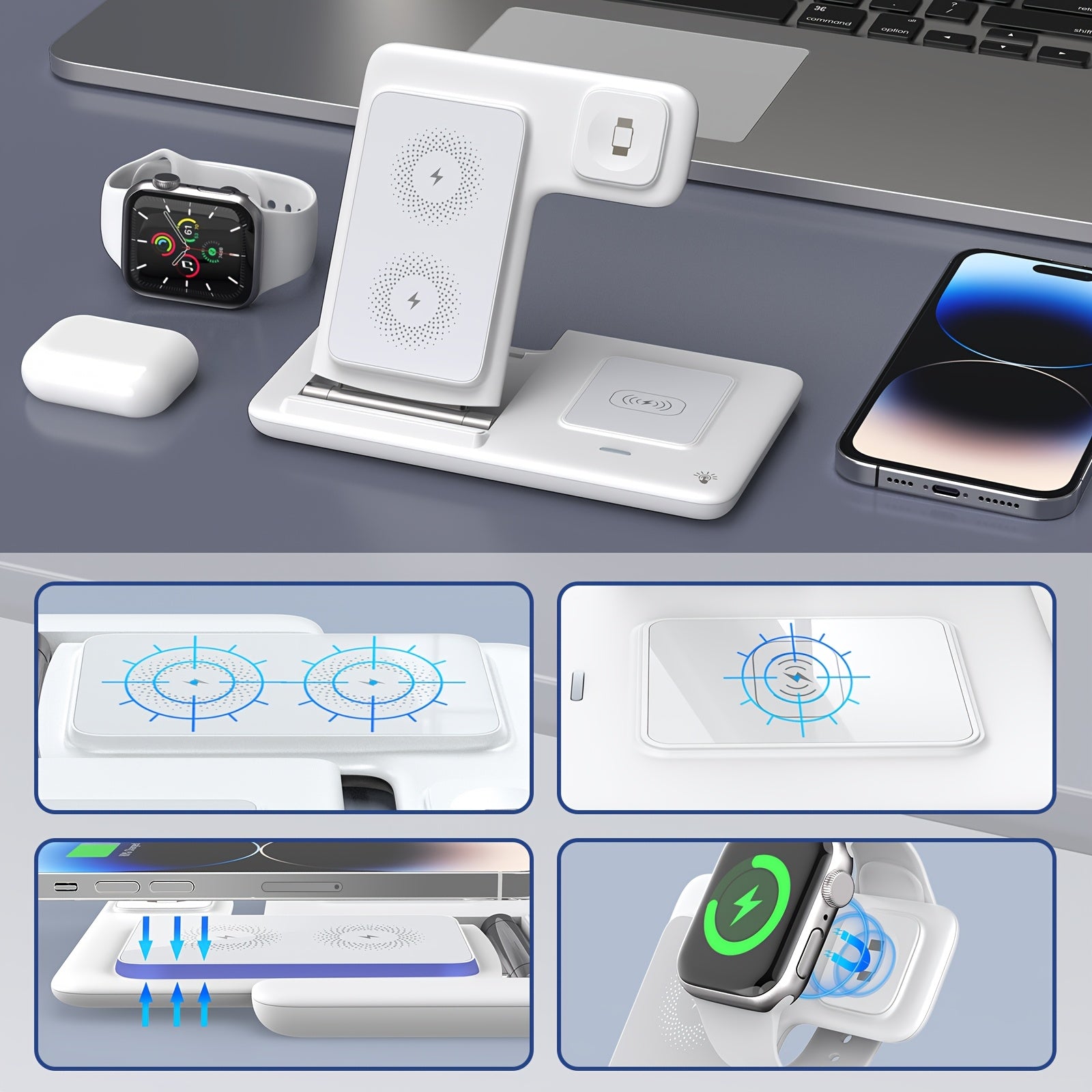 [3-in-1 Charging Station] 3-in-1 Wireless Charging Station for iPhone 15/14/13/12/11/Pro/Max/Mini/Plus, X, XR, XS/Max, SE, 8/Plus, for iWatch 1-9 & for AirPods 3/2/Pro - Magnetic USB Charger with Adjustable Stand, Compact Des