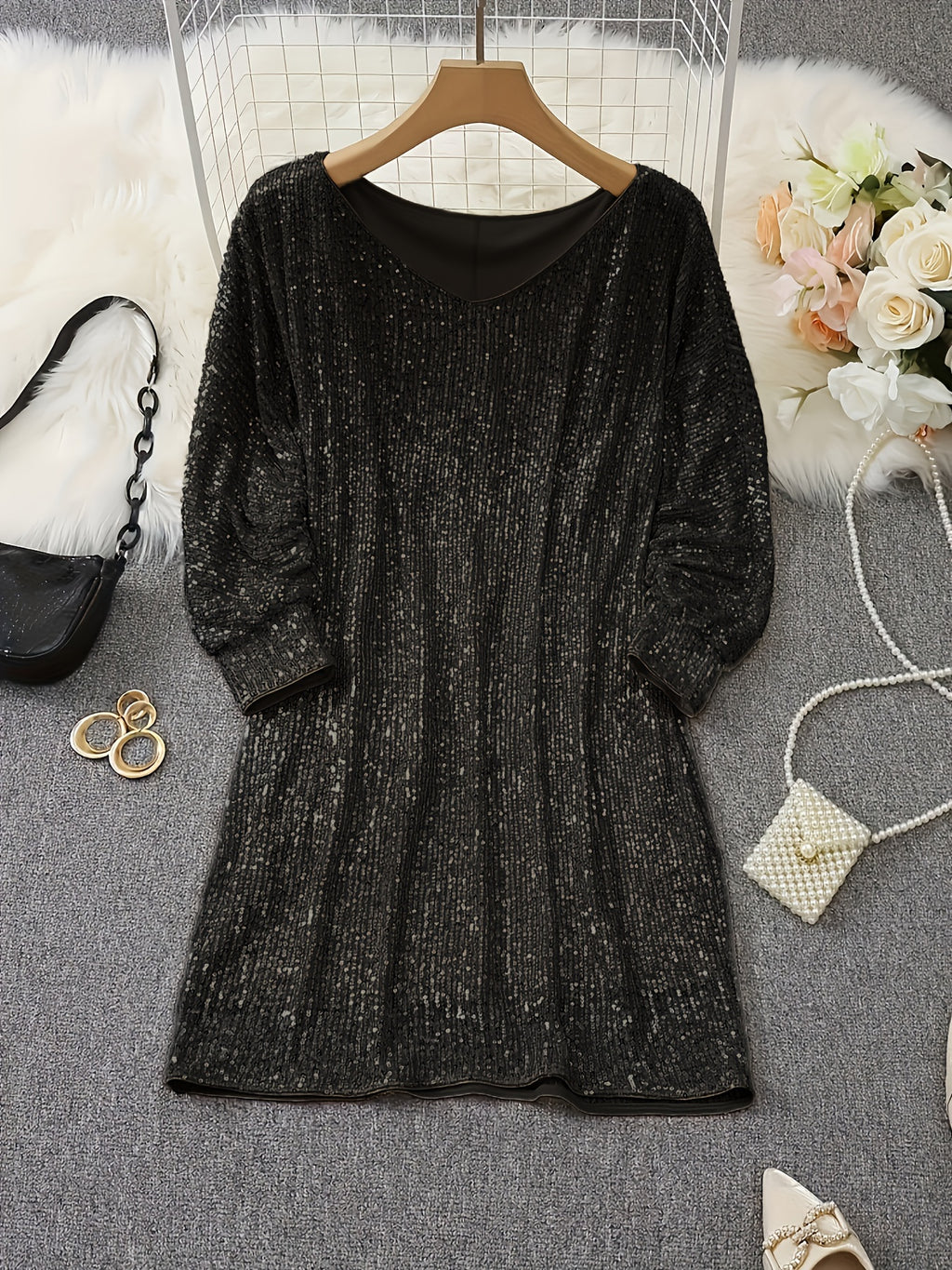 1pc Elegant Sequin V-Neck Dress for Women, Polyester Batwing Sleeve A-Line Short Dress, No Padding, Knitted Spring/Autumn Party Bridesmaid Gown