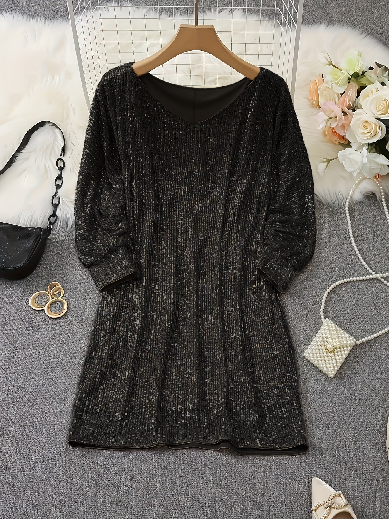 1pc Elegant Sequin V-Neck Dress for Women, Polyester Batwing Sleeve A-Line Short Dress, No Padding, Knitted Spring/Autumn Party Bridesmaid Gown