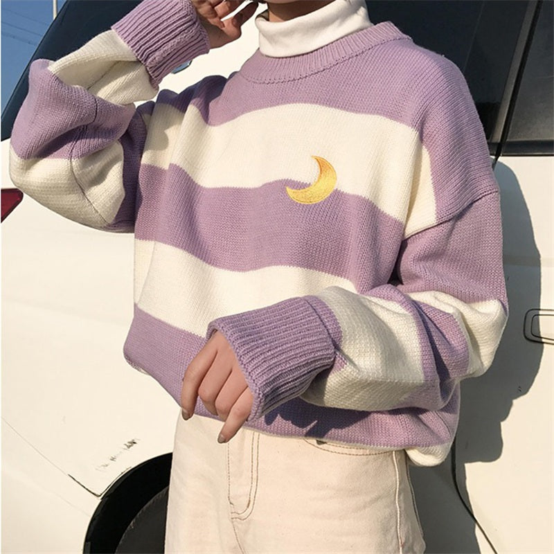 Kawaii Round Neck Striped Pullover Sweater, Casual Every Day Top For Winter & Fall, Women's Clothing