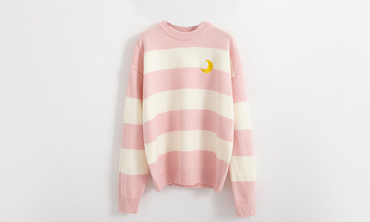 Kawaii Round Neck Striped Pullover Sweater, Casual Every Day Top For Winter & Fall, Women's Clothing