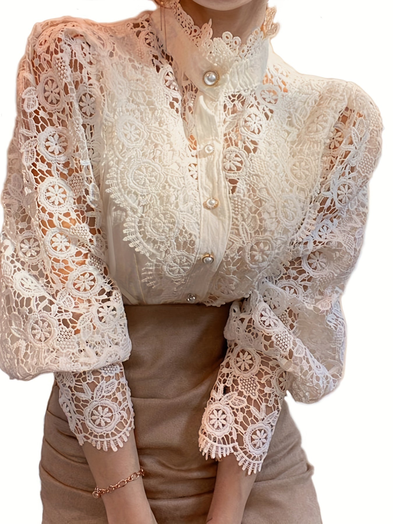 Women's Victorian Shirt - Elegant Blouse with Lace Sleeve cuffs, Vintage Button-Up Blouse for Wedding, Office, Party - Non-Stretch Formal Top (Hand Wash/Dry Clean) - Elegant Ladies Blouse, Wedding Guest Attire, Classic Collar