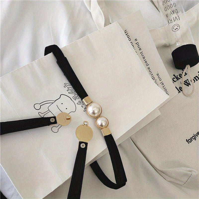 Faux Pearl Elastic Thin Belt, Women's Decoration For Dress, Fashion Simple Women's Buckle Thin Belt