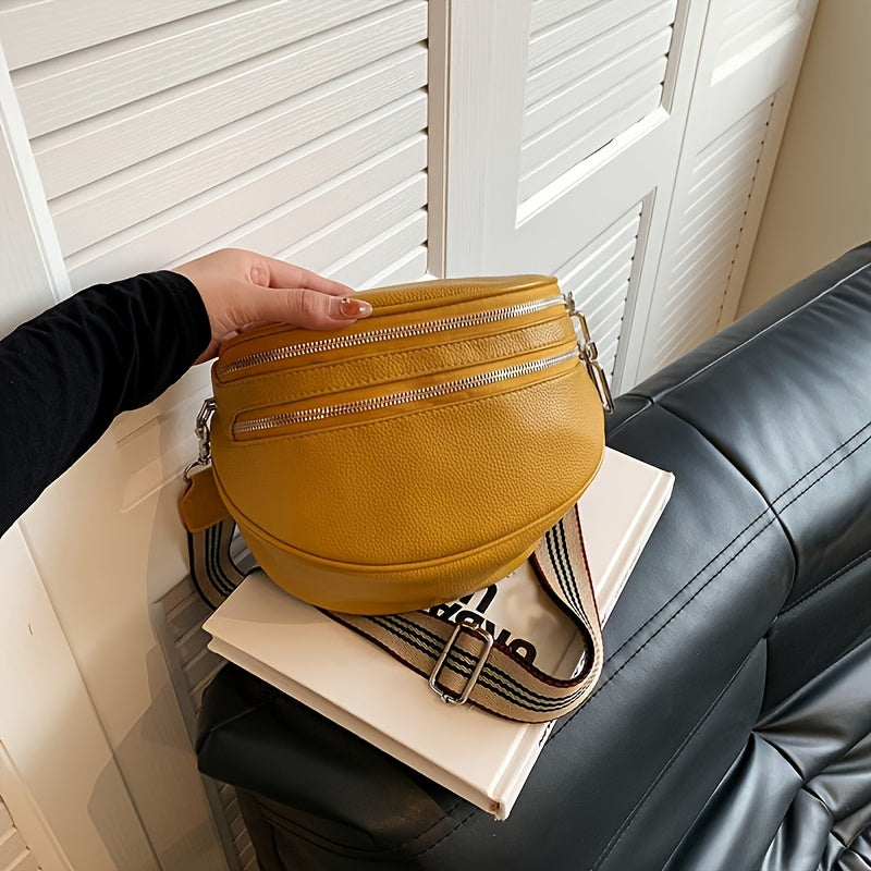 Black Synthetic Leather Crossbody Bag with Adjustable Striped Strap - Large Capacity Shoulder Messenger Bag for Women, Zipper Closure, Polyester Lining, Versatile Solid Color Design