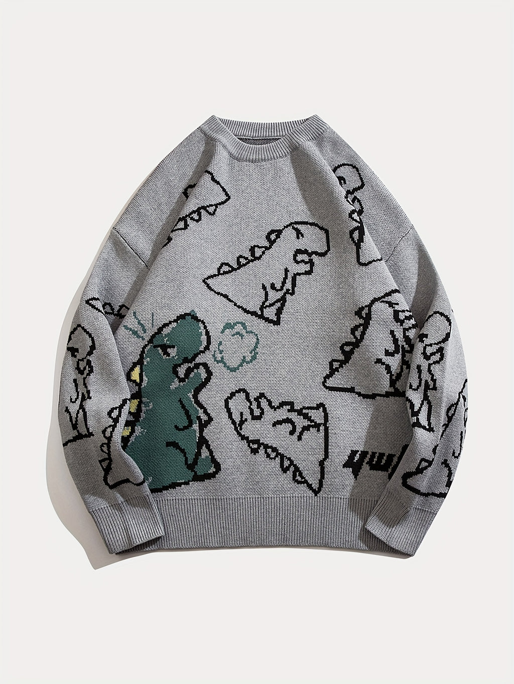 YWFG Unisex Casual Loose Fit Sweater - Black with Blue Dinosaur & Cloud Design, Long Sleeve Round Neck Pullover for Men & Women, Cozy Fall/Winter Knitwear, Dinosaur Clothes, Fall Winter Apparel, Playful Graphic Design, Comfor