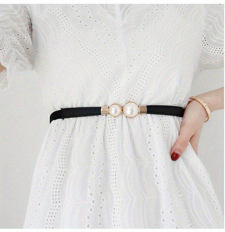 Faux Pearl Elastic Thin Belt, Women's Decoration For Dress, Fashion Simple Women's Buckle Thin Belt