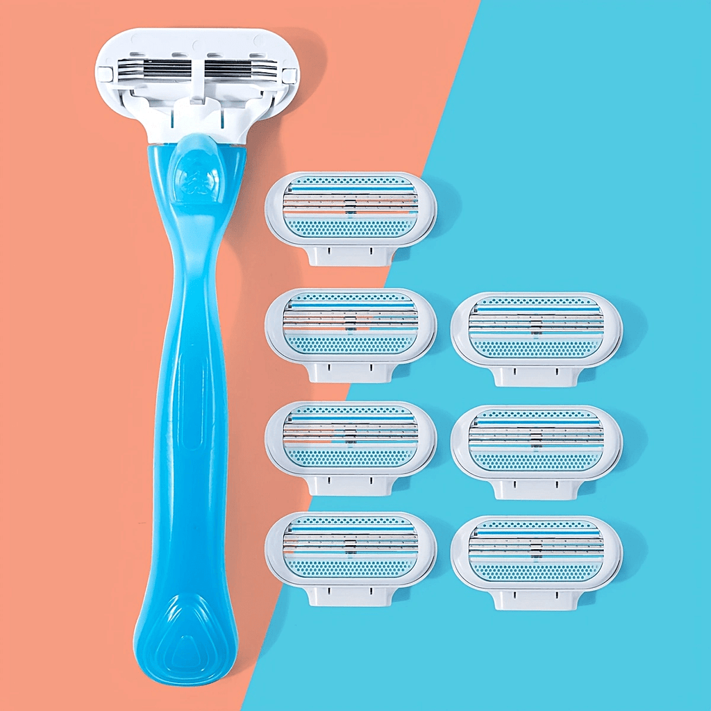 [1 Handle + 8 Blades Razor Kit] [Hypoallergenic Safety] Ladies' Classic Manual Hair Removal Razor Kit - Hypoallergenic, Reusable with 1 Blue Handle + 8 White Blades, 3-Layer Stainless Steel for Smooth, Normal Skin, Hair Remov