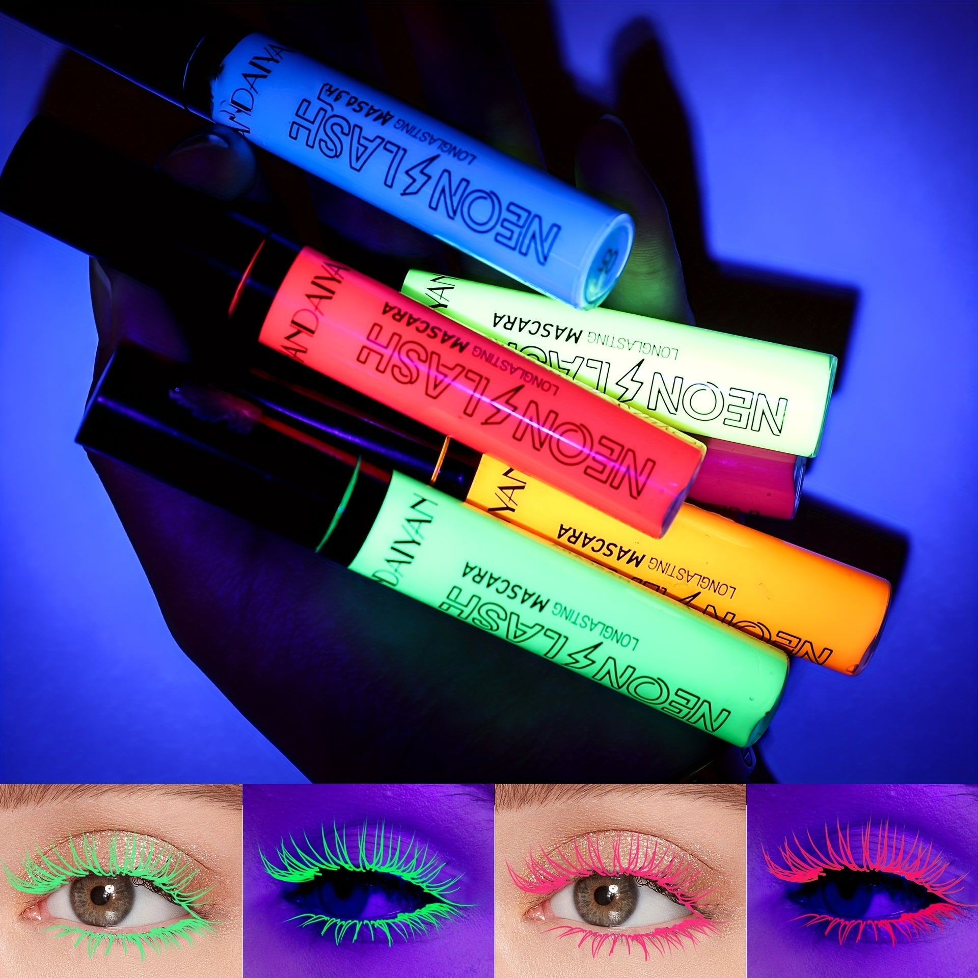 UV Glow 6 Colors Neon Mascara, Matte Colorful Waterproof Mascara, Smudge Proof Fluorescent Face Body Painting Halloween Cosplay Makeup Gift For Music Festival