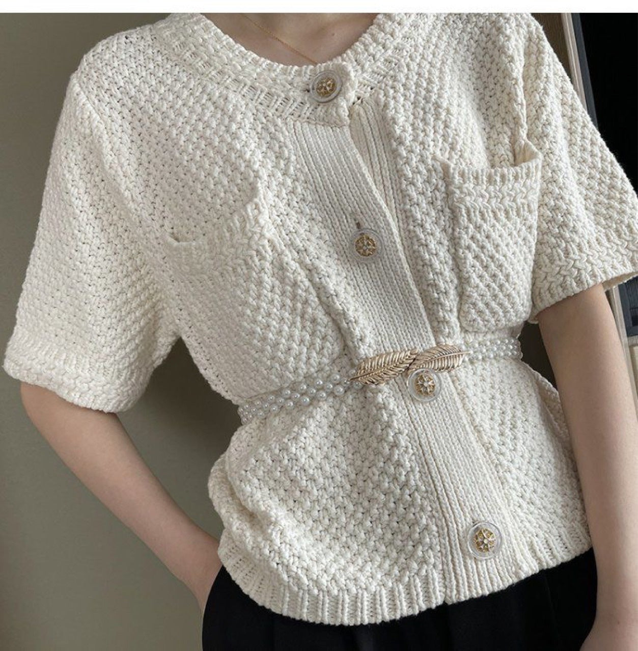 Faux Pearl Belt Women's Metal Leaf Elastic Pearl Waist Chain Women's Decoration For Dress Elastic Belt