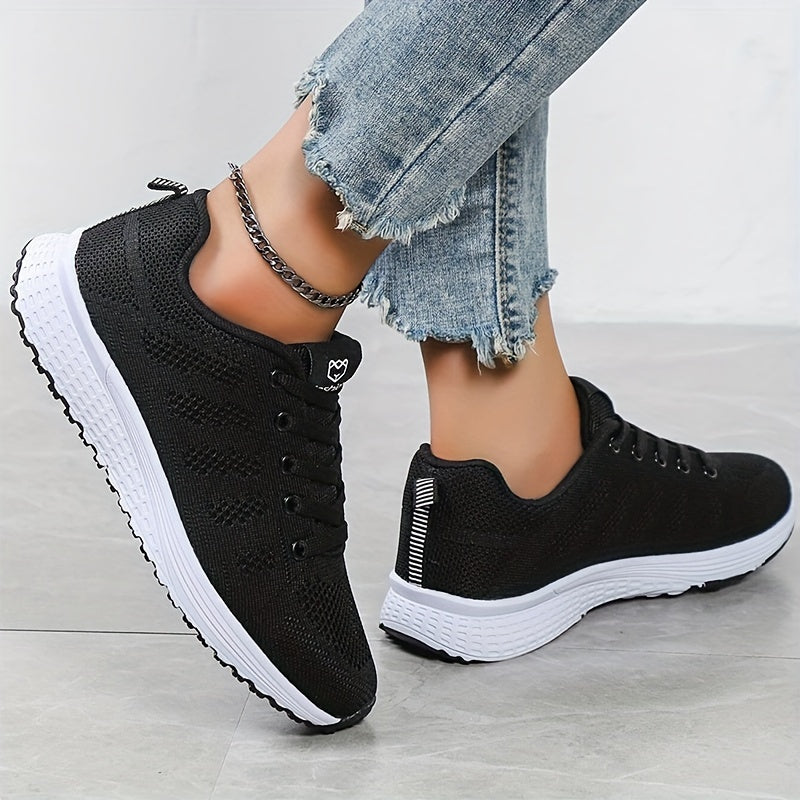 Women's Lightweight Mesh Athletic Sneakers - Breathable, Lace-Up Running Shoes with EVA Sole, Fashionable Black Casual Walking Footwear