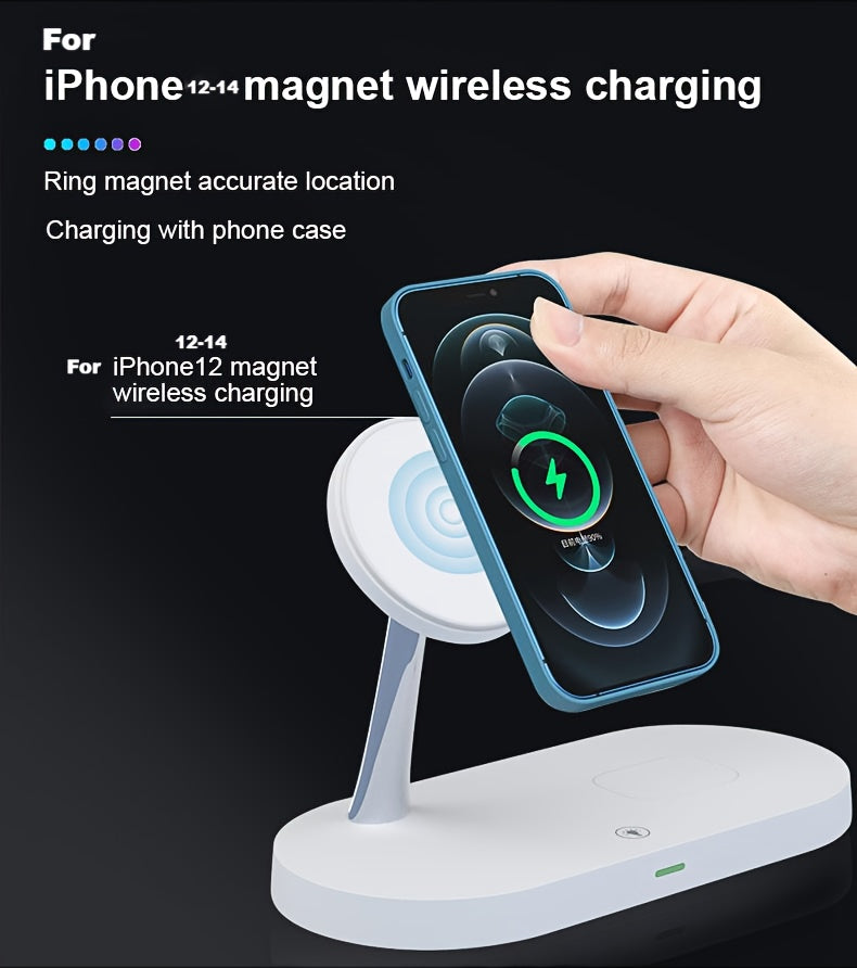 Magnetic 5 In 1 Wireless Charger Stand 3 Devices At The Same Time, 15W Qi Fast Charging Dock Station Holder 3 Adjustable Light Compatible With IPhone 14/13/12 Pro Max Mini, IWatch SE/6/5/4/3/2, AirPods 3/2/Pro