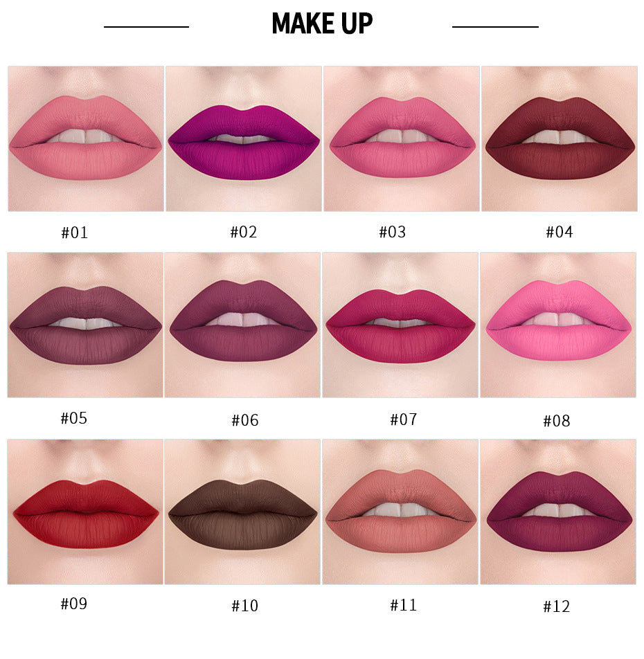 Waterproof Long Lasting Matte Lipstick Cosmetic Makeup Liquid Lip Gloss, 12 Colors Contain Plant Squalene