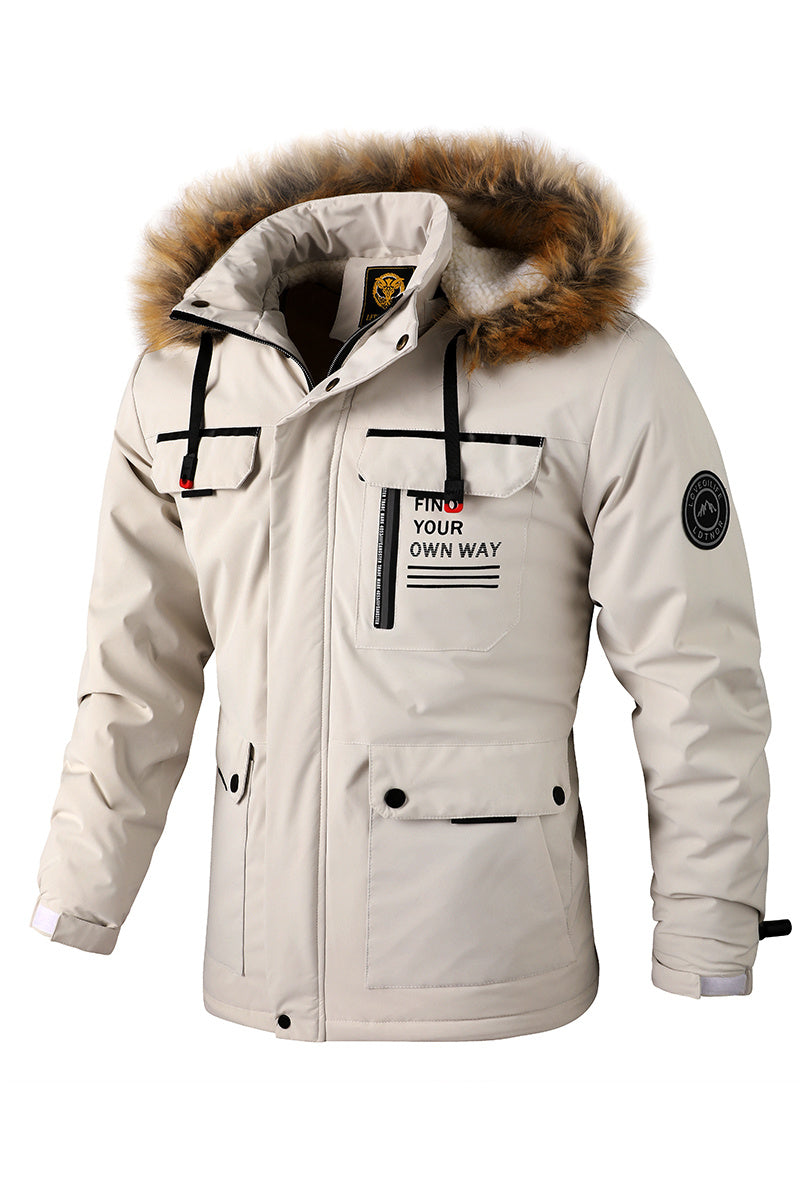 Men'S Winter Windbreaker Jacket with Lamb Fur Collar, Polyester 100% Windproof Zippered Sports Jacket, Alphabet Pattern, Regular Sleeve, Casual Outdoor Wear, H Fit, 150g/m² Fabric Weight