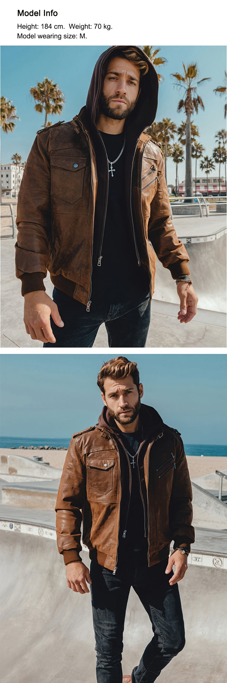 Men's Brown Leather Motorcycle Jacket with Removable Hood - FLAVOR