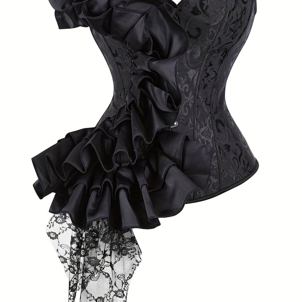 Ruffle Strapless Corset Bustier, Tummy Control Lace Up Jacquard Body Shaper, Women's Lingerie & Shapewear