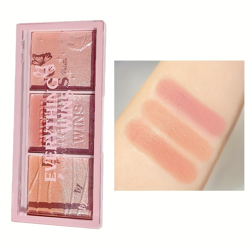 3-in-1 Triple Color Blush Palette - Natural Nude Makeup for Daily Use - Lightweight, Pearlescent, Rouge Contour, Multi-Tonal, Long-Lasting, Easy to Apply Blush for Women